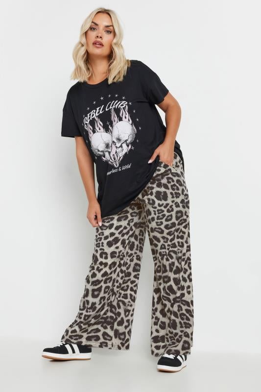 Evans YOURS Curve Grey Leopard Print Wide Leg Trousers