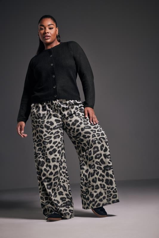 Evans YOURS Curve Grey Leopard Print Wide Leg Trousers