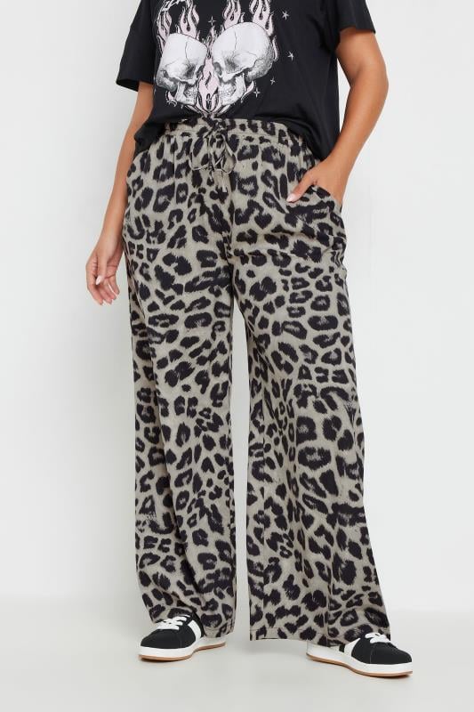 evans YOURS Curve Grey Leopard Print Wide Leg Trousers