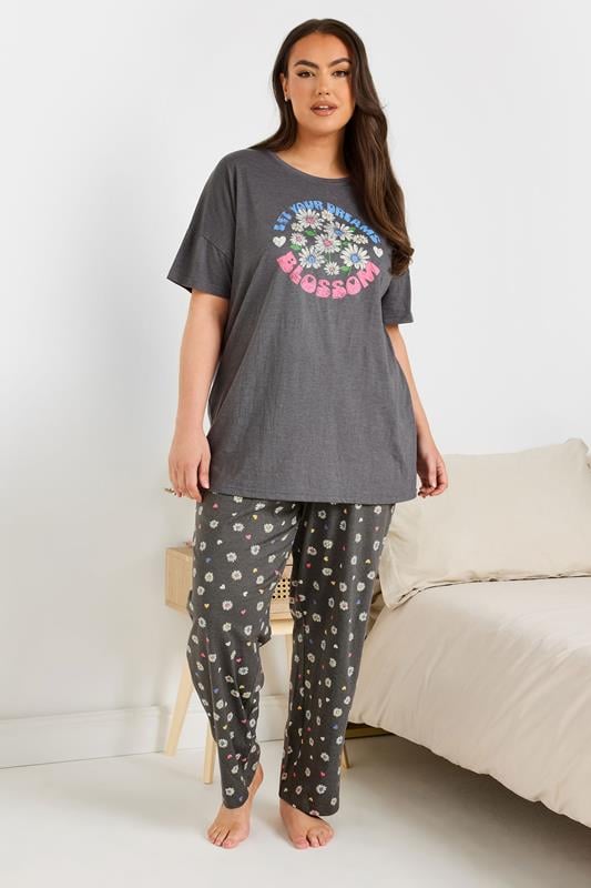Evans YOURS Curve Grey 'Let Your Dreams Blossom' Floral Wide Leg Pyjama Set