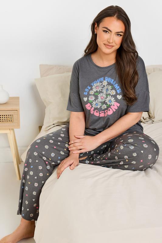 evans YOURS Curve Grey 'Let Your Dreams Blossom' Floral Wide Leg Pyjama Set