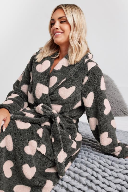 Evans YOURS Curve Grey Love Heart Shawl Collar Dressing Gown