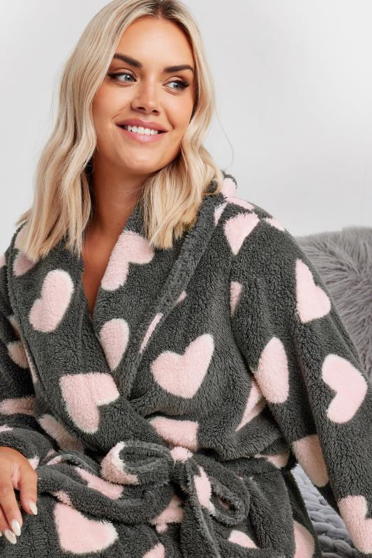 Evans YOURS Curve Grey Love Heart Shawl Collar Dressing Gown
