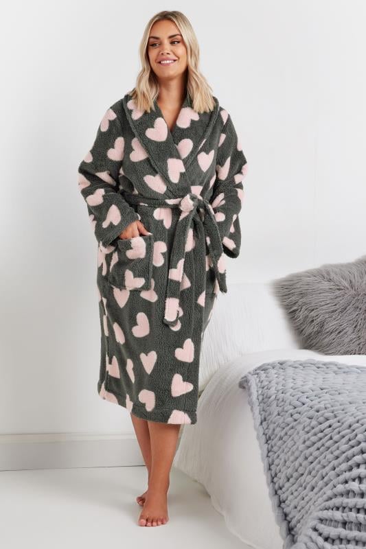 evans YOURS Curve Grey Love Heart Shawl Collar Dressing Gown