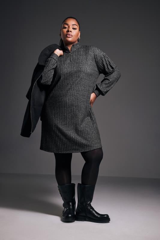 Evans YOURS Curve Grey Quarter Zip Ribbed Tunic Dress