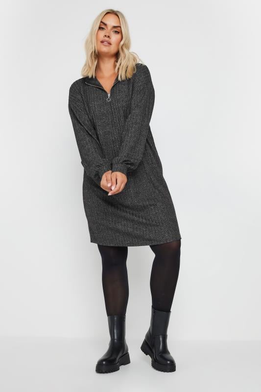 Evans YOURS Curve Grey Quarter Zip Ribbed Tunic Dress