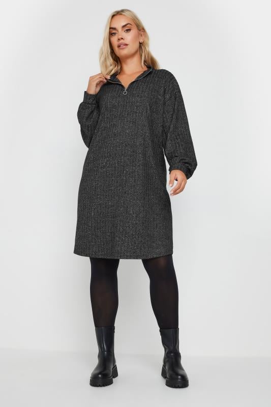 evans YOURS Curve Grey Quarter Zip Ribbed Tunic Dress