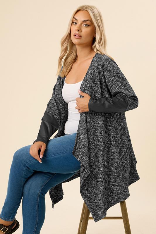 evans YOURS Curve Grey Ribbed Faux Leather Sleeve Cardigan