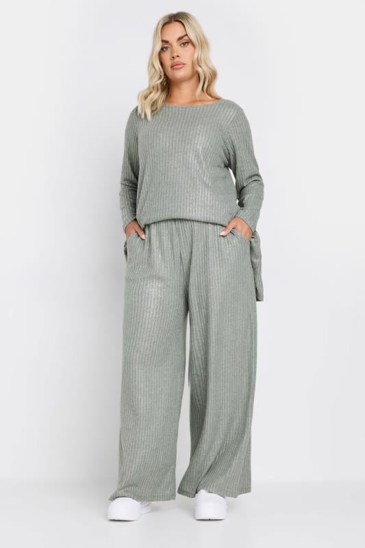 Evans YOURS Curve Grey Ribbed Foil Wide Leg Trousers
