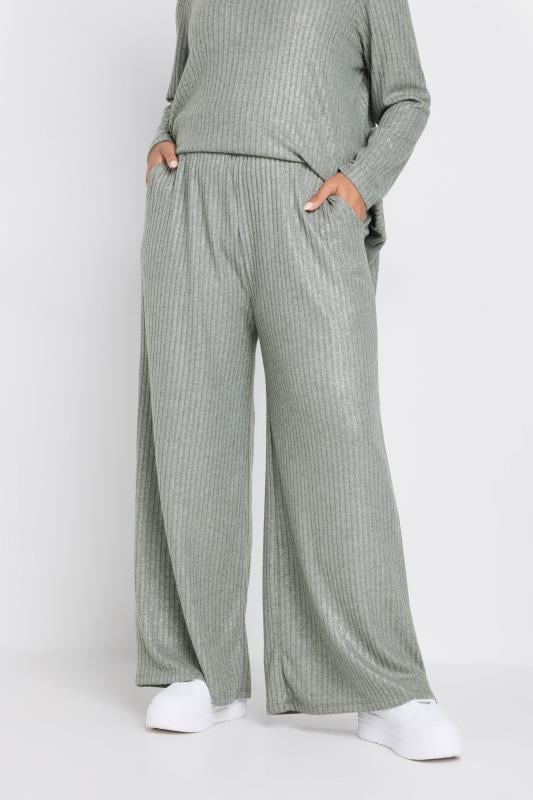 evans YOURS Curve Grey Ribbed Foil Wide Leg Trousers