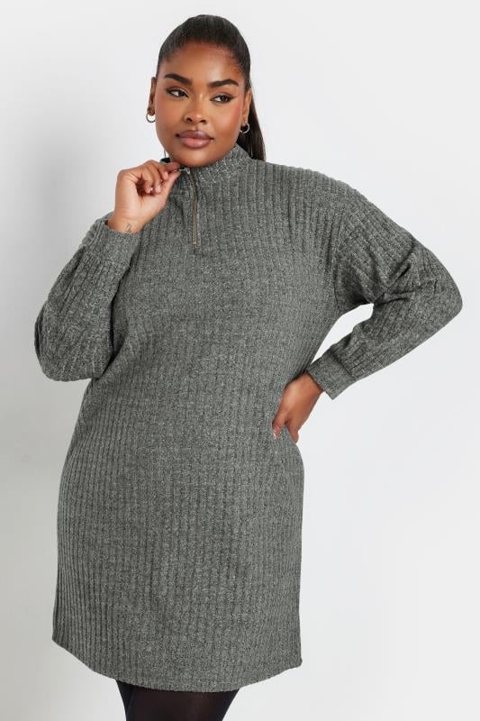 Evans YOURS Curve Grey Ribbed Quarter Zip Jumper Dress