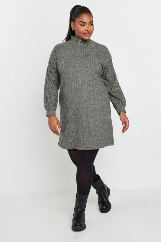 Evans YOURS Curve Grey Ribbed Quarter Zip Jumper Dress