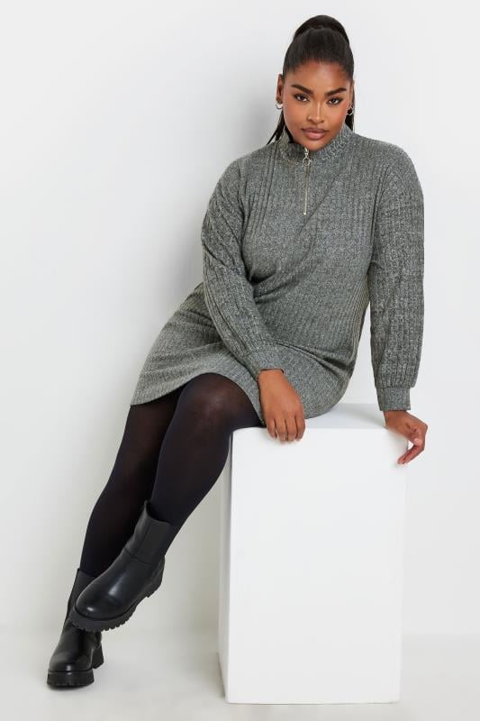 evans YOURS Curve Grey Ribbed Quarter Zip Jumper Dress