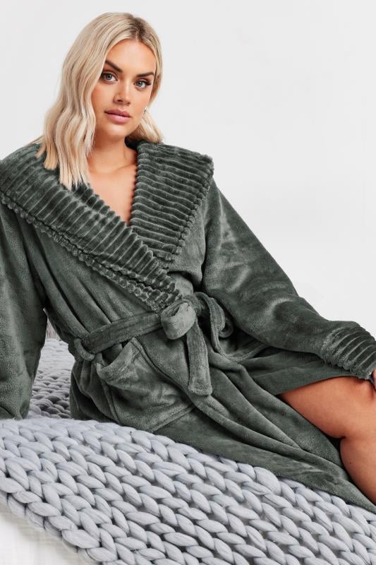 Evans YOURS Curve Grey Ribbed Trim Hooded Dressing Gown