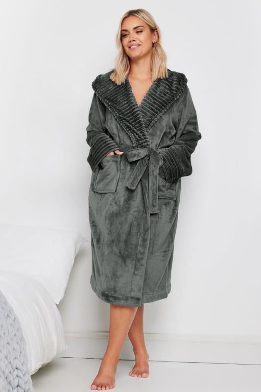 evans YOURS Curve Grey Ribbed Trim Hooded Dressing Gown