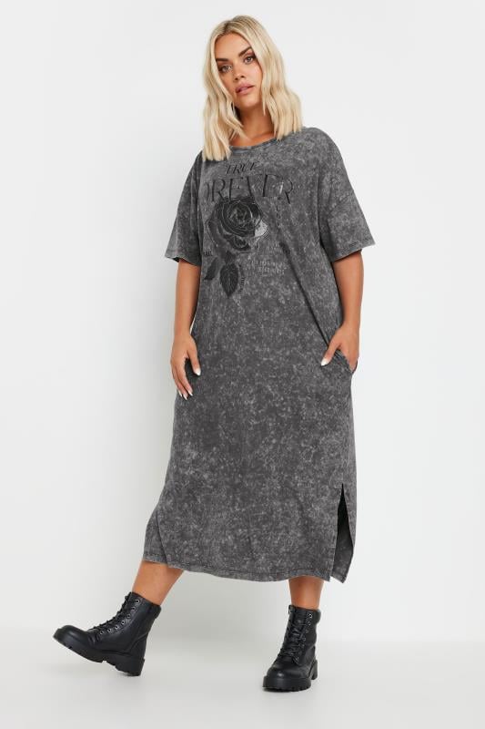 Evans YOURS Curve Grey Rose Graphic Print T-Shirt Dress