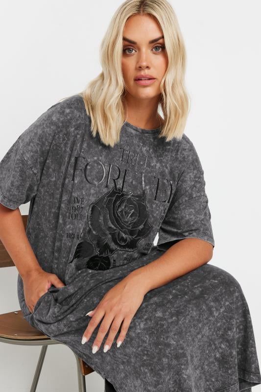 Evans YOURS Curve Grey Rose Graphic Print T-Shirt Dress