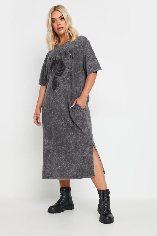 evans YOURS Curve Grey Rose Graphic Print T-Shirt Dress