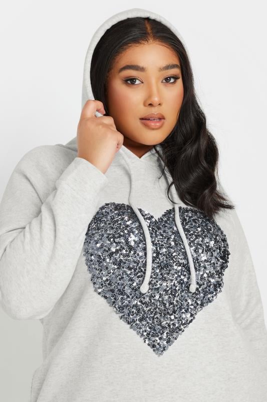 Evans YOURS Curve Grey Sequin Embellished Heart Hoodie Dress