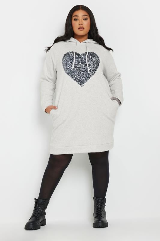 Evans YOURS Curve Grey Sequin Embellished Heart Hoodie Dress