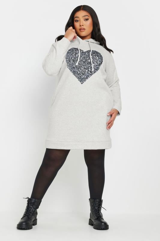 evans YOURS Curve Grey Sequin Embellished Heart Hoodie Dress
