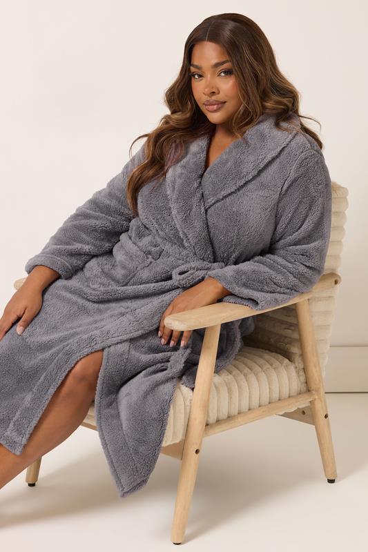 Evans YOURS Curve Grey Shawl Collar Fluffy Dressing Gown