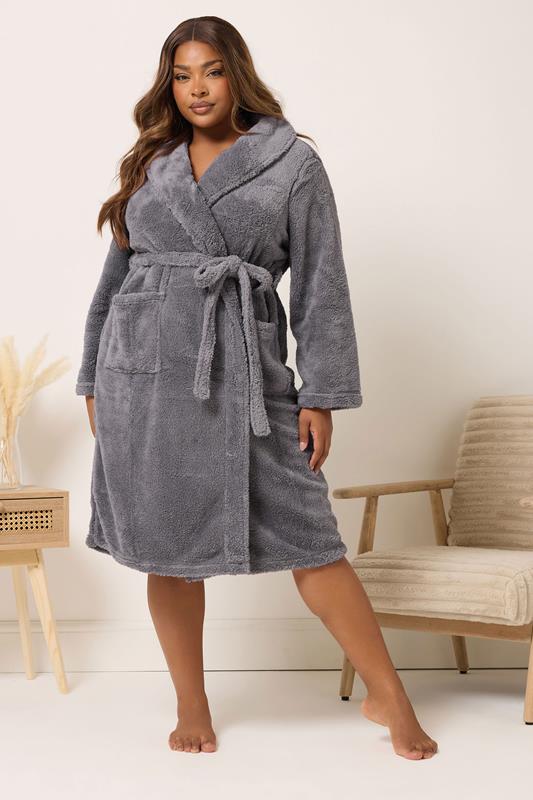 evans YOURS Curve Grey Shawl Collar Fluffy Dressing Gown