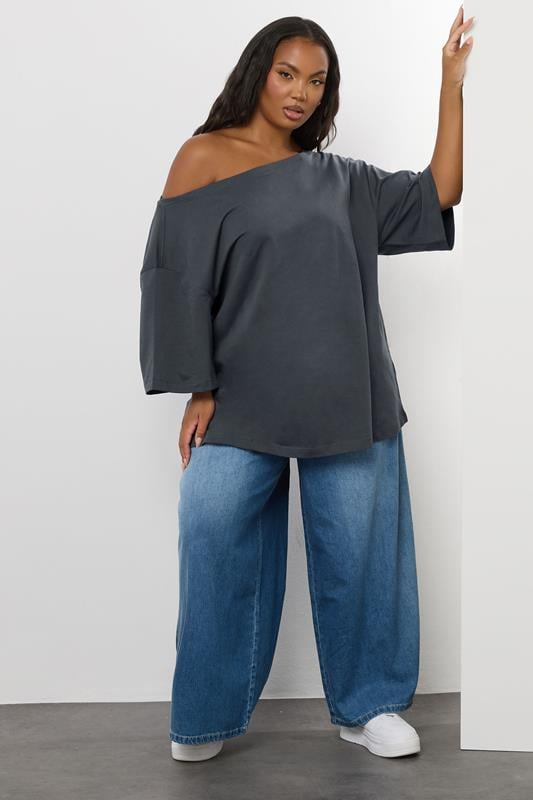 Evans YOURS Curve Grey Slash Neck Heavyweight T-Shirt