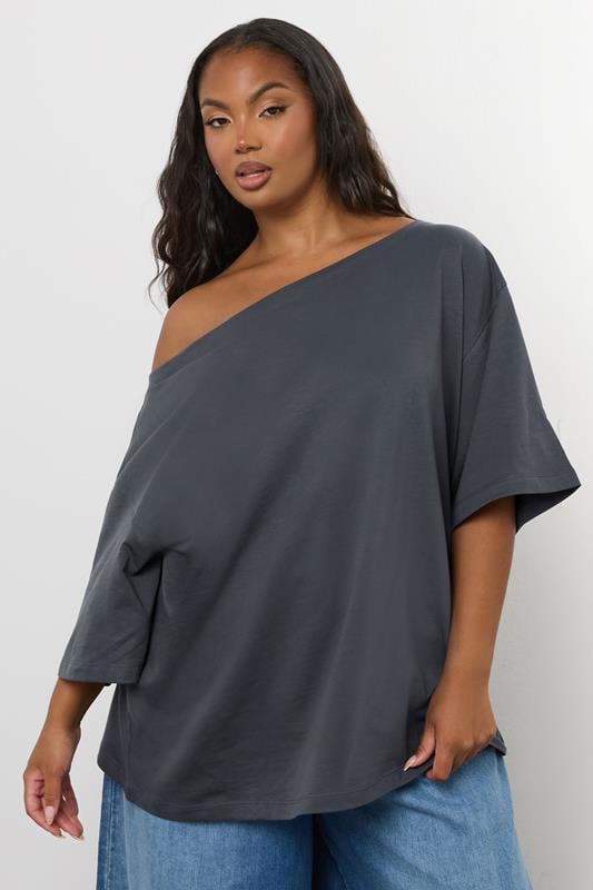 evans YOURS Curve Grey Slash Neck Heavyweight T-Shirt