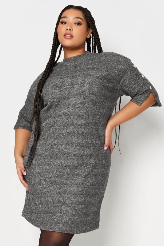 evans YOURS Curve Grey Soft Touch Button Detail Mini Dress