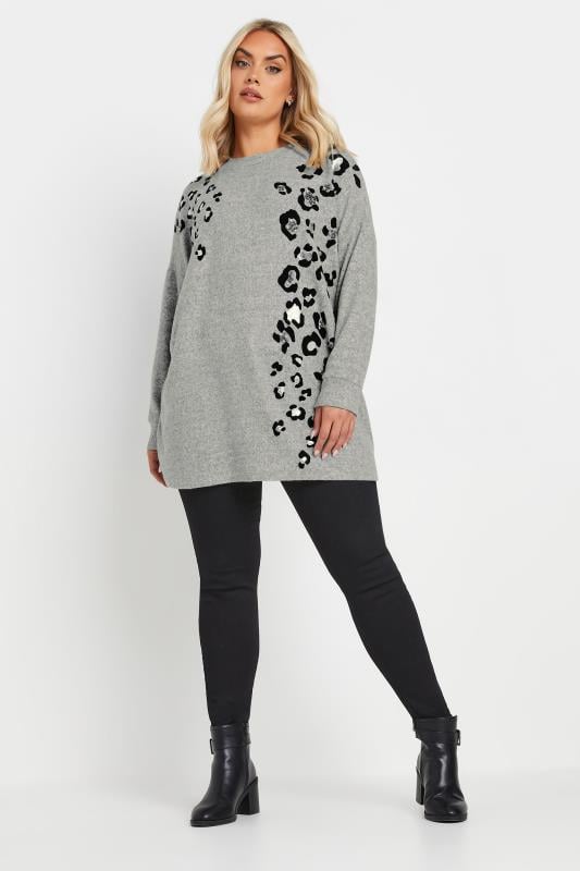 Evans YOURS Curve Grey Soft Touch Leopard Print Jumper