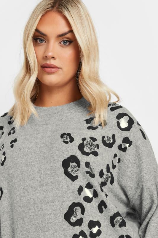 Evans YOURS Curve Grey Soft Touch Leopard Print Jumper