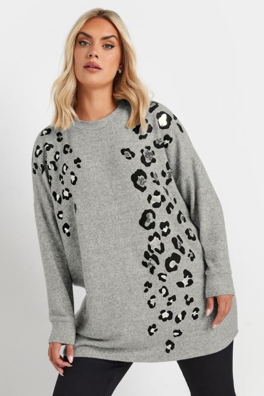 evans YOURS Curve Grey Soft Touch Leopard Print Jumper