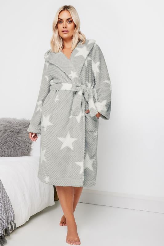 evans YOURS Curve Grey Star Honeycomb Dressing Gown