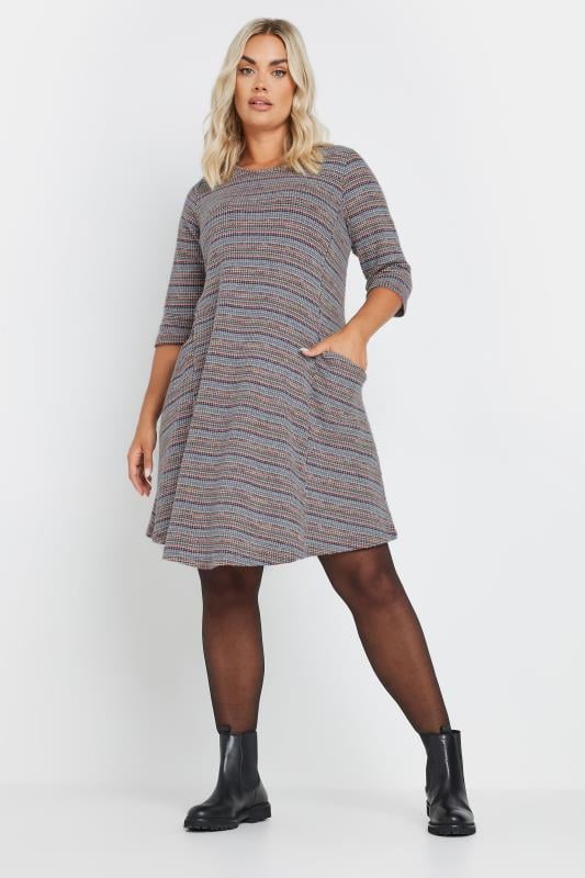evans YOURS Curve Grey Striped Soft Touch Pocket Dress