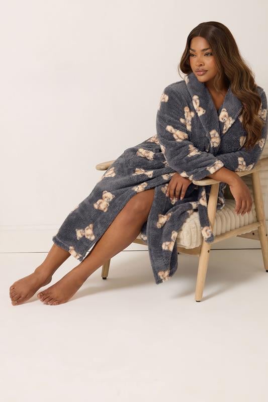 Evans YOURS Curve Grey Teddy Shawl Collar Fluffy Dressing Gown