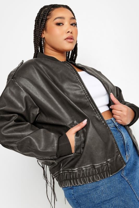Evans YOURS Curve Grey Washed Faux Leather Bomber Jacket