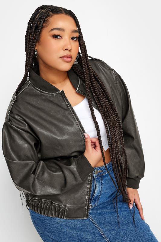 Evans YOURS Curve Grey Washed Faux Leather Bomber Jacket