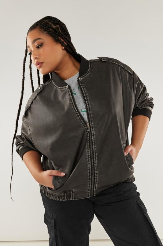 evans YOURS Curve Grey Washed Faux Leather Bomber Jacket