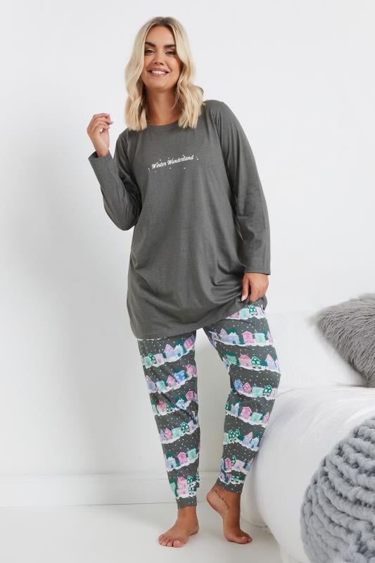Evans YOURS Curve Grey 'Winter Wonderland' Cuffed Pyjama Set