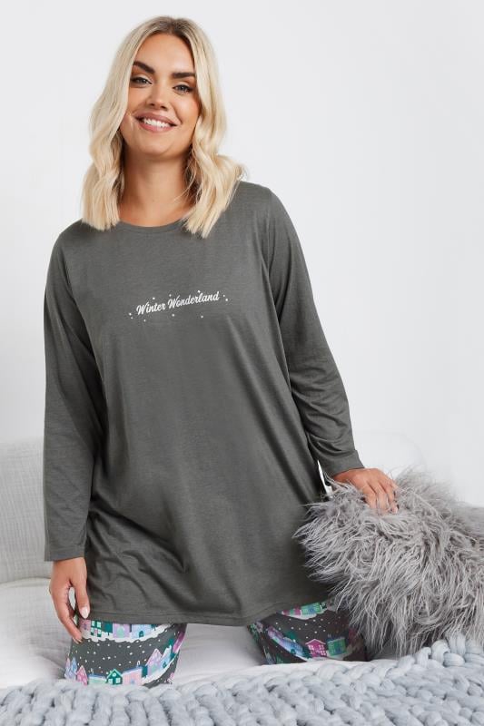 Evans YOURS Curve Grey 'Winter Wonderland' Cuffed Pyjama Set