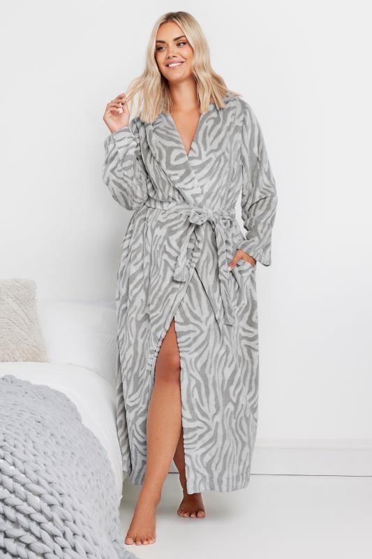 evans YOURS Curve Grey Zebra Shawl Collar Maxi Dressing Gown