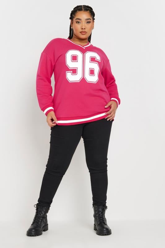 Evans YOURS Curve Hot Pink '96' Slogan Varsity Sweatshirt