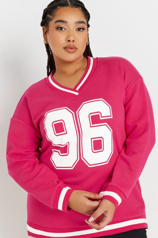 Evans YOURS Curve Hot Pink '96' Slogan Varsity Sweatshirt