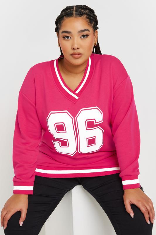 evans YOURS Curve Hot Pink '96' Slogan Varsity Sweatshirt