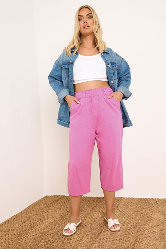 evans YOURS Curve Hot Pink Cool Cotton Cropped Trousers