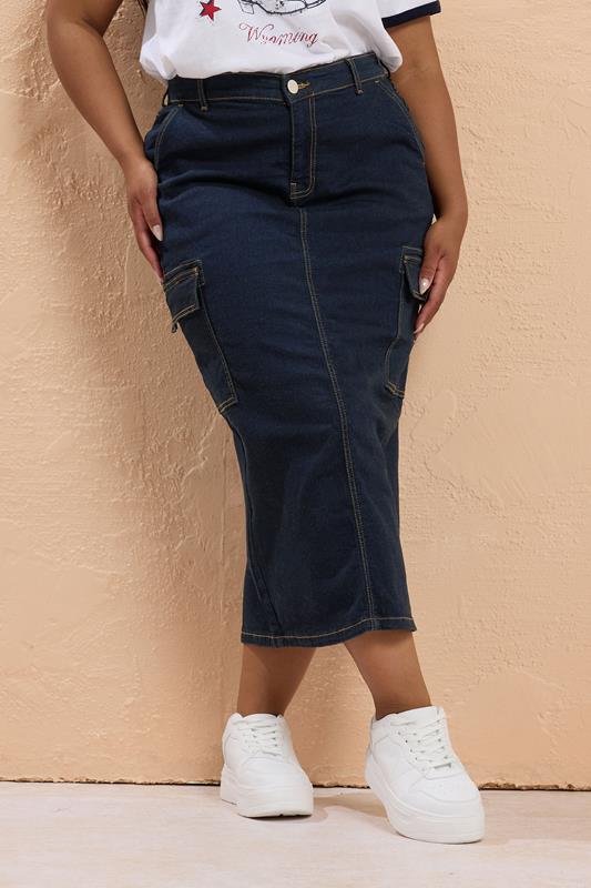 evans YOURS Curve Indigo Blue Cargo Denim Midaxi Skirt