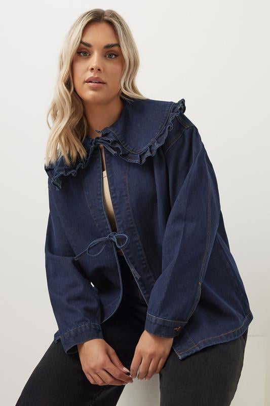 Evans YOURS Curve Indigo Blue Frill Collar Tie Front Denim Shacket