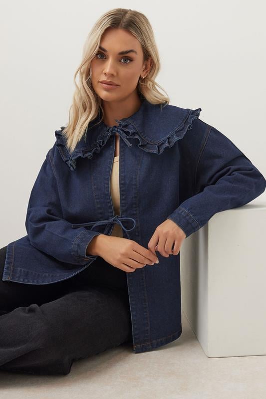evans YOURS Curve Indigo Blue Frill Collar Tie Front Denim Shacket