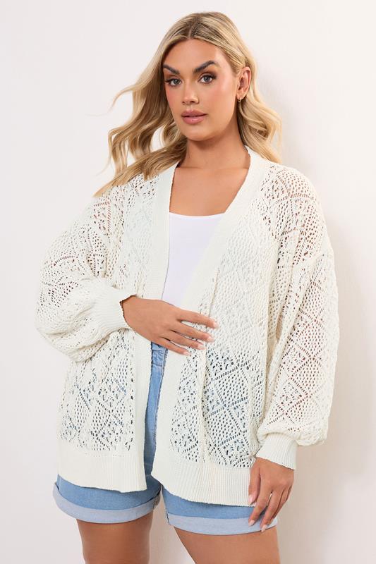 evans YOURS Curve Ivory White Balloon Sleeve Knitted Cardigan